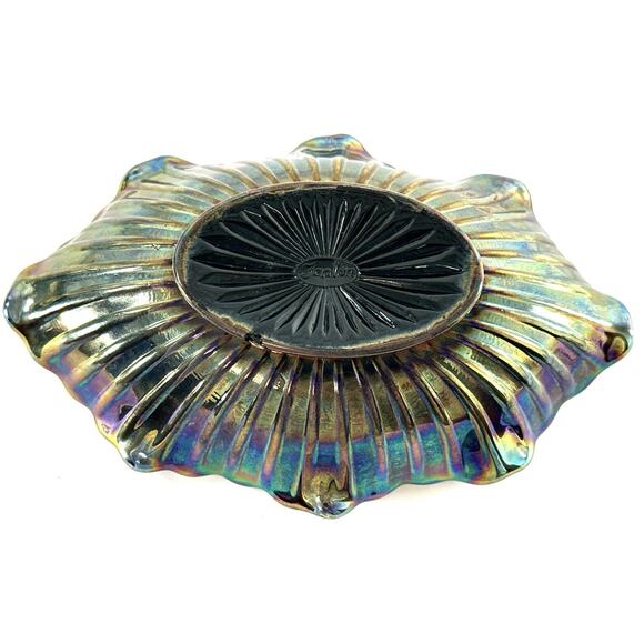 Fenton Carnival Glass Ruffled Oval Dish Marigold Iridescent Floral Pattern 7.5” - Picture 5 of 6